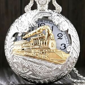 Train Railroad Pocket Watch Full Size Metal silver gold Steampunk Christmas NEW!